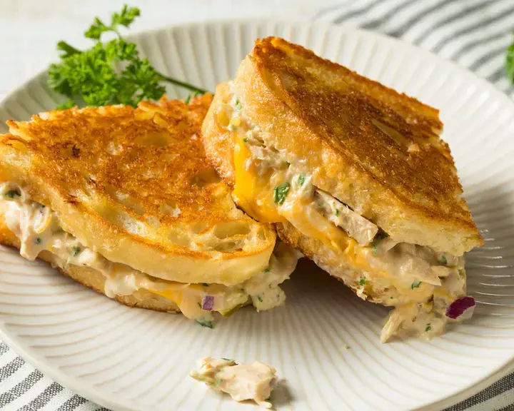 Tuna melt sandwich on a plate.