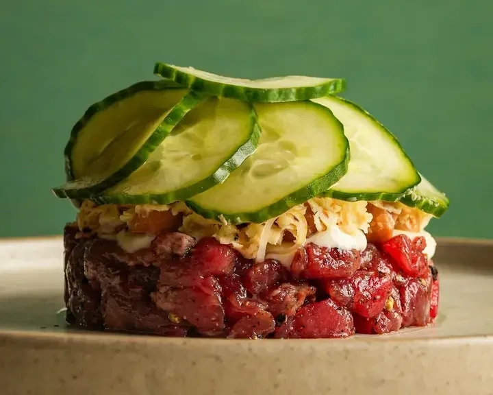 Beef tartare topped with cucumber at Nord in Liverpool.