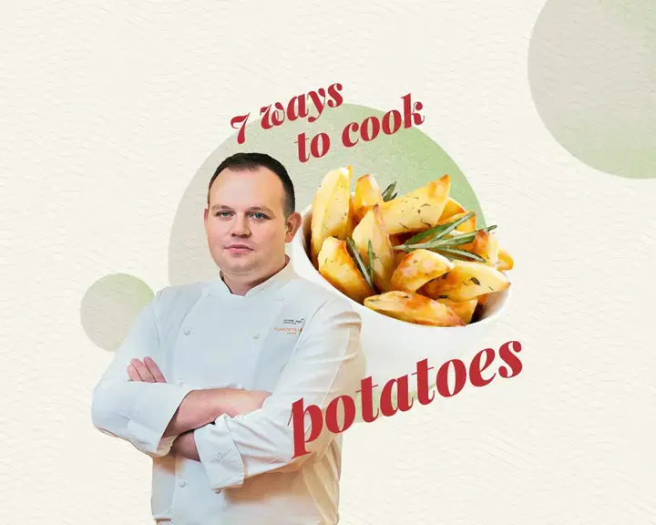Chef Adam Smith and an image of potatoes.