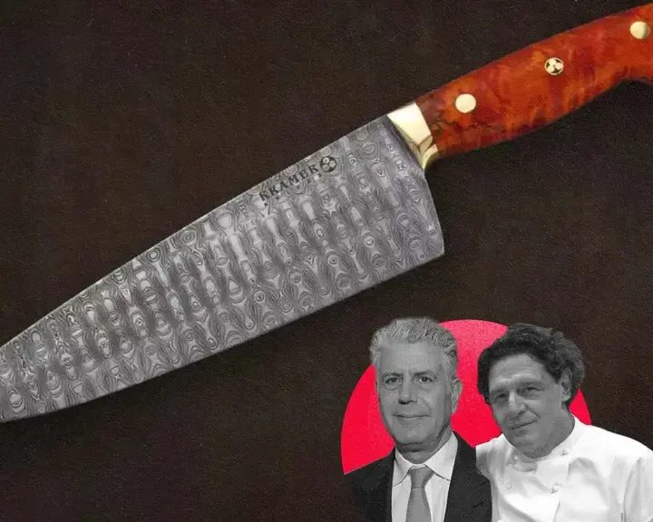 Bourdain chef knife with Anthony Bourdain and Marco Pierre White.