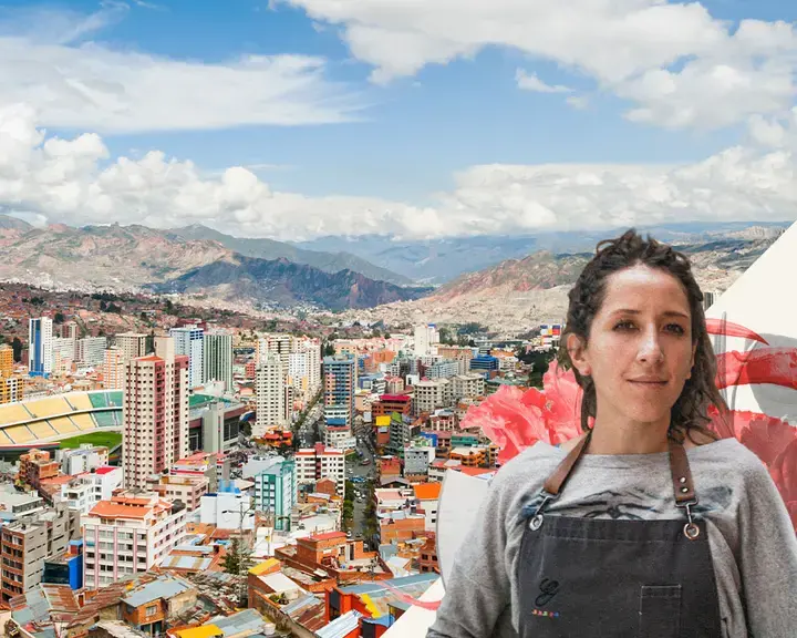 Chef Marsia Taha and the La Paz cityscape.