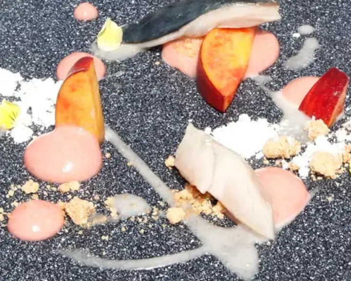 Mackerel, Peach, Almond, Buerre Noisette