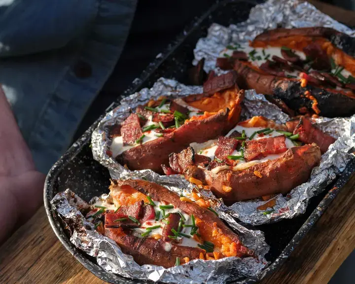 Stuffed sweet potatoes in foil.