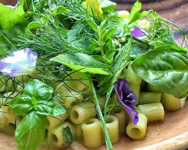 Tubetti with peas, broad beans and fresh herbs.