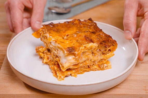 Classic Italian lasagna on a plate.